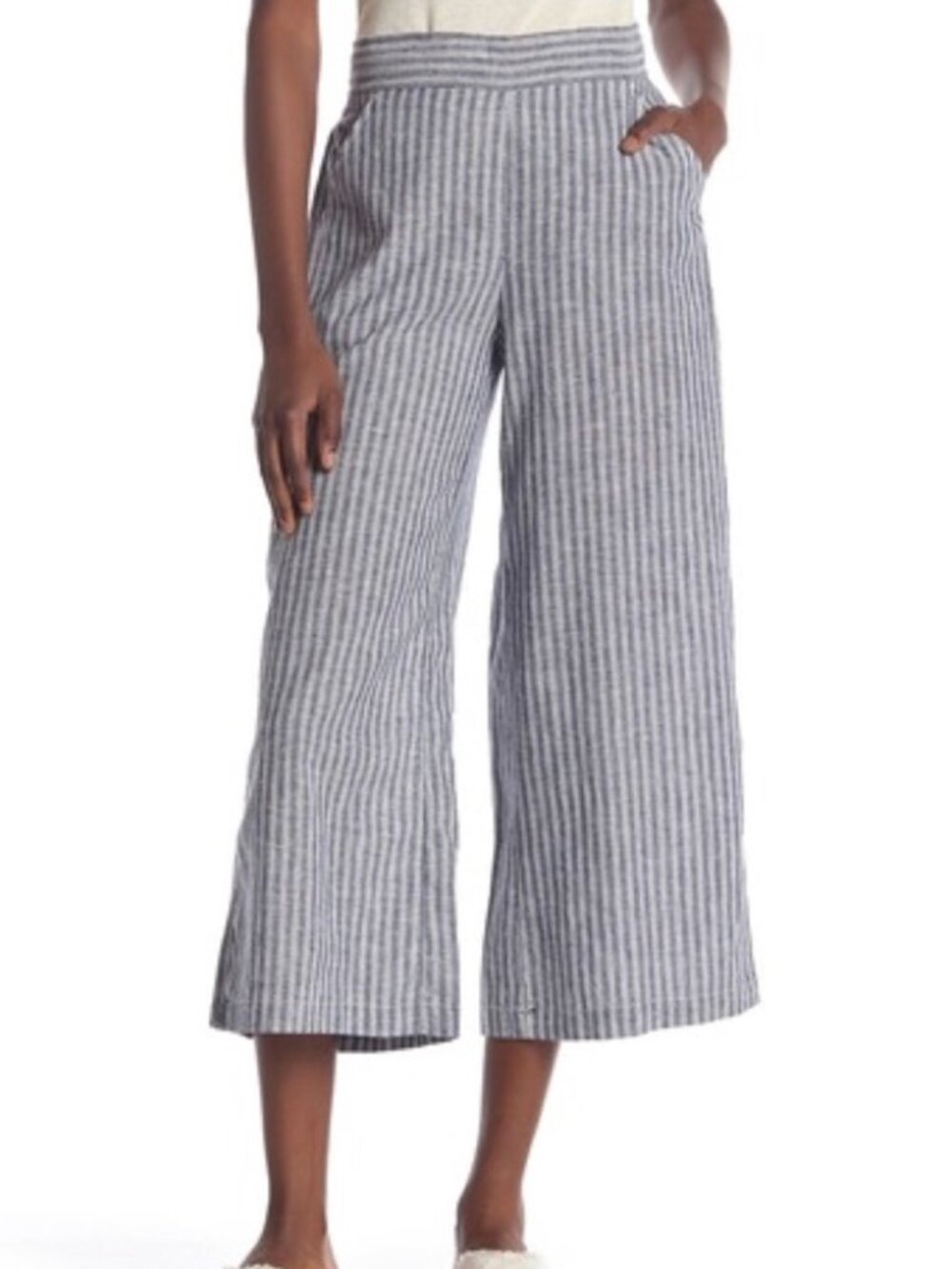 Max Studio Linen Blend Womens Small Blue White Striped Wide Leg Cropped Pants